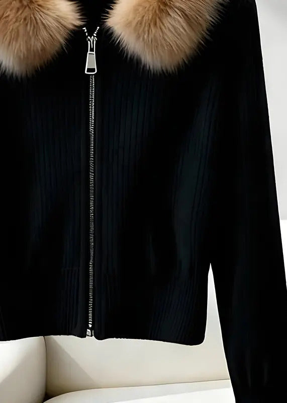 Style Mulberry Fur Collar Zip Up Knit Cardigan Winter