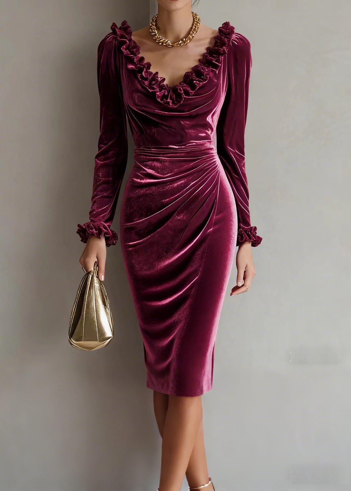 Style Mulberry Ruffled Wrinkled Silk Velvet Vacation Dresses Spring