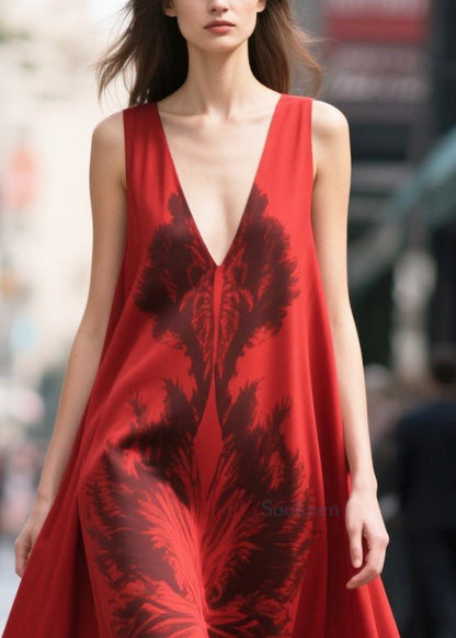 Style Mulberry V Neck Print Chiffon Robe Dresses Summer