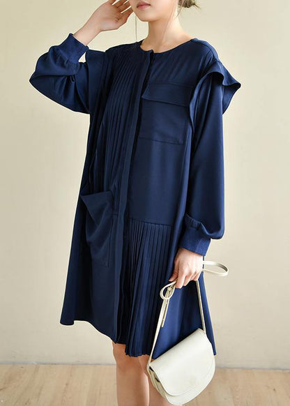 Style Navy Asymmetric Dresses O Neck Chiffon Dress - SooLinen