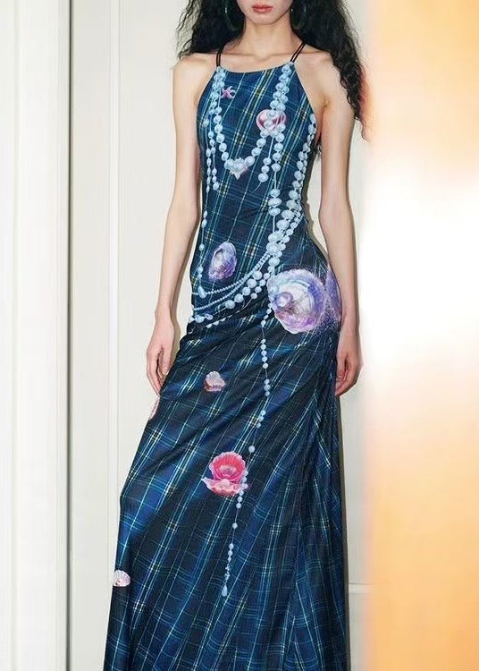 Style Navy Backless Print Silk Spaghetti Strap Dress Summer