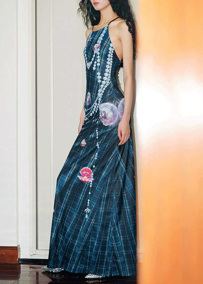 Style Navy Backless Print Silk Spaghetti Strap Dress Summer