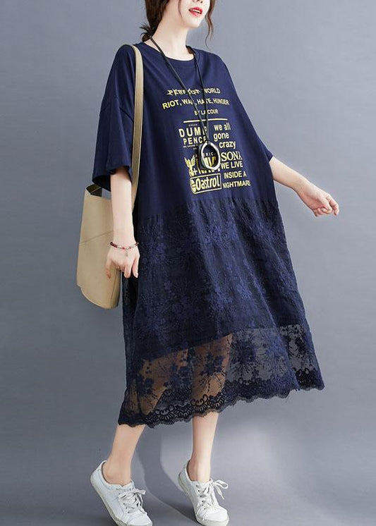 Style Navy Loose Patchwork Lace Summer Half Sleeve Maxi Dresses - SooLinen