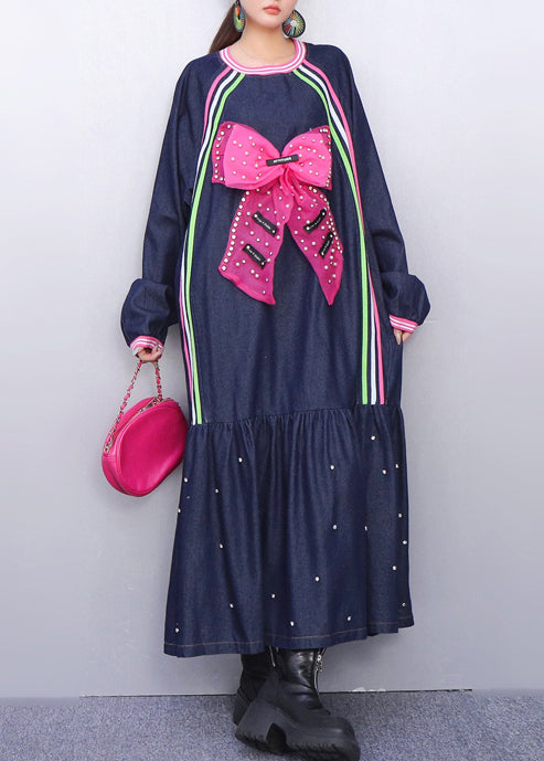 Style Navy Oversized Butterfly Nail Bead Denim Robe Dresses Spring