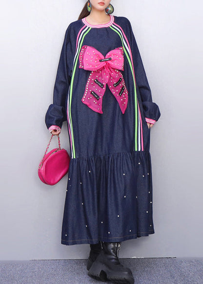Style Navy Oversized Butterfly Nail Bead Denim Robe Dresses Spring