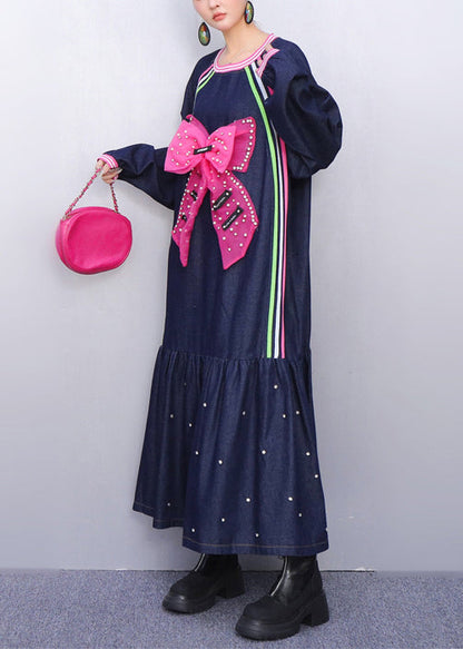 Style Navy Oversized Butterfly Nail Bead Denim Robe Dresses Spring