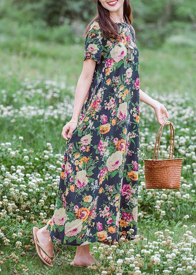 Style Navy Print Tunics Chinese Button Traveling Summer Dress - SooLinen