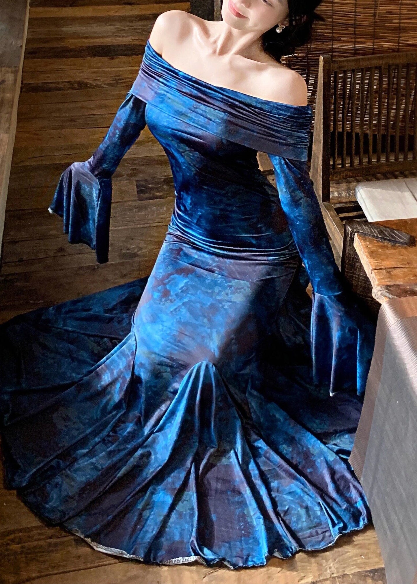 Style Navy Strapless Tie Dye Vestidos Dress Flare Sleeve
