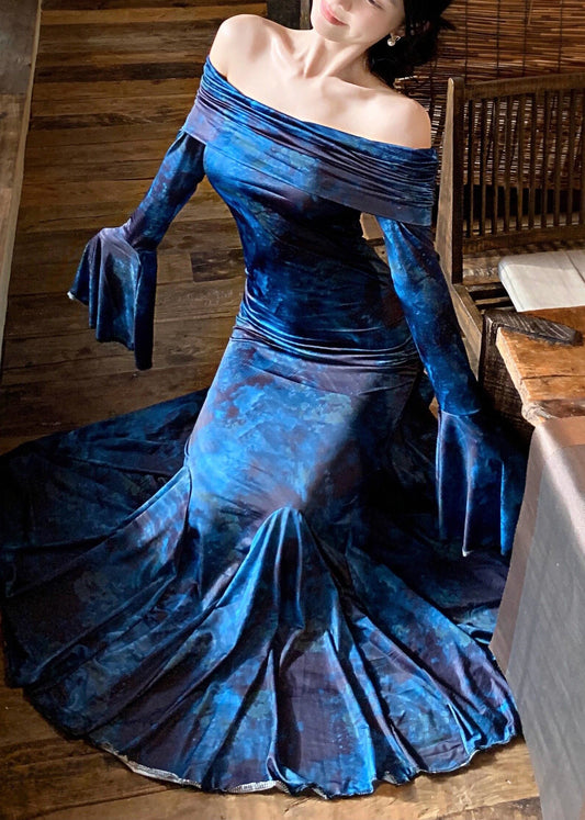 Style Navy Strapless Tie Dye Vestidos Dress Flare Sleeve