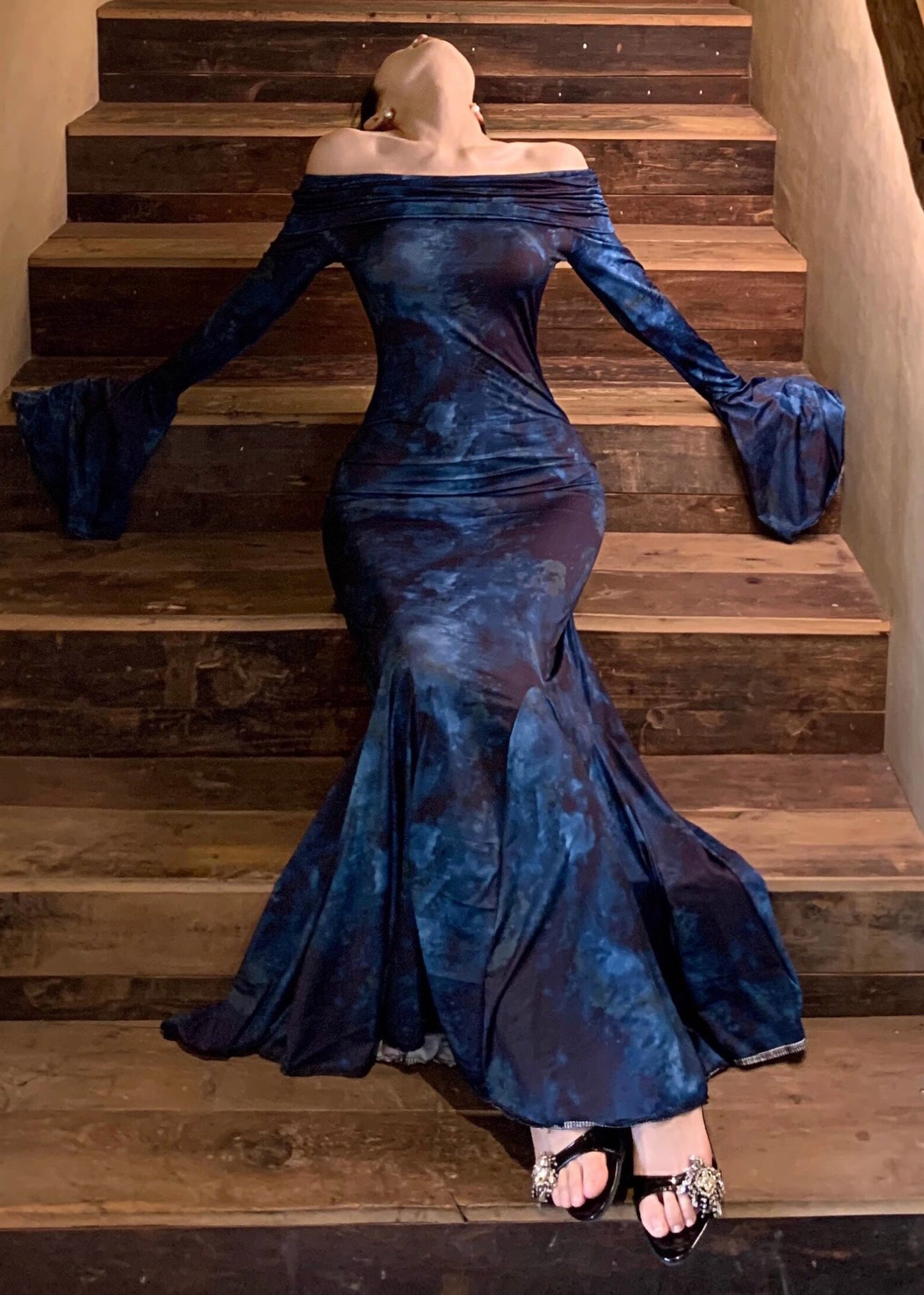 Style Navy Strapless Tie Dye Vestidos Dress Flare Sleeve