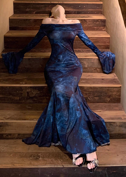 Style Navy Strapless Tie Dye Vestidos Dress Flare Sleeve