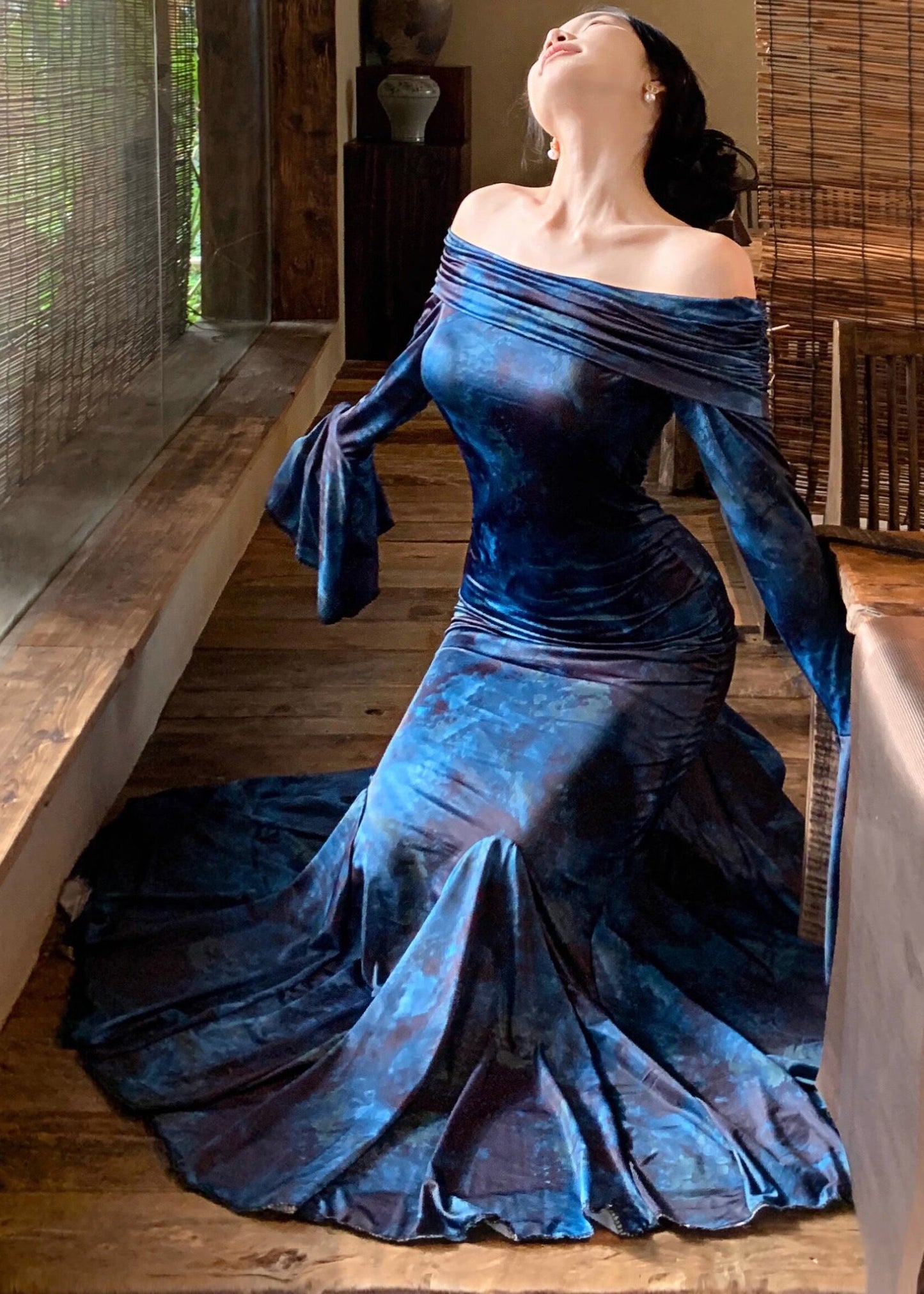 Style Navy Strapless Tie Dye Vestidos Dress Flare Sleeve