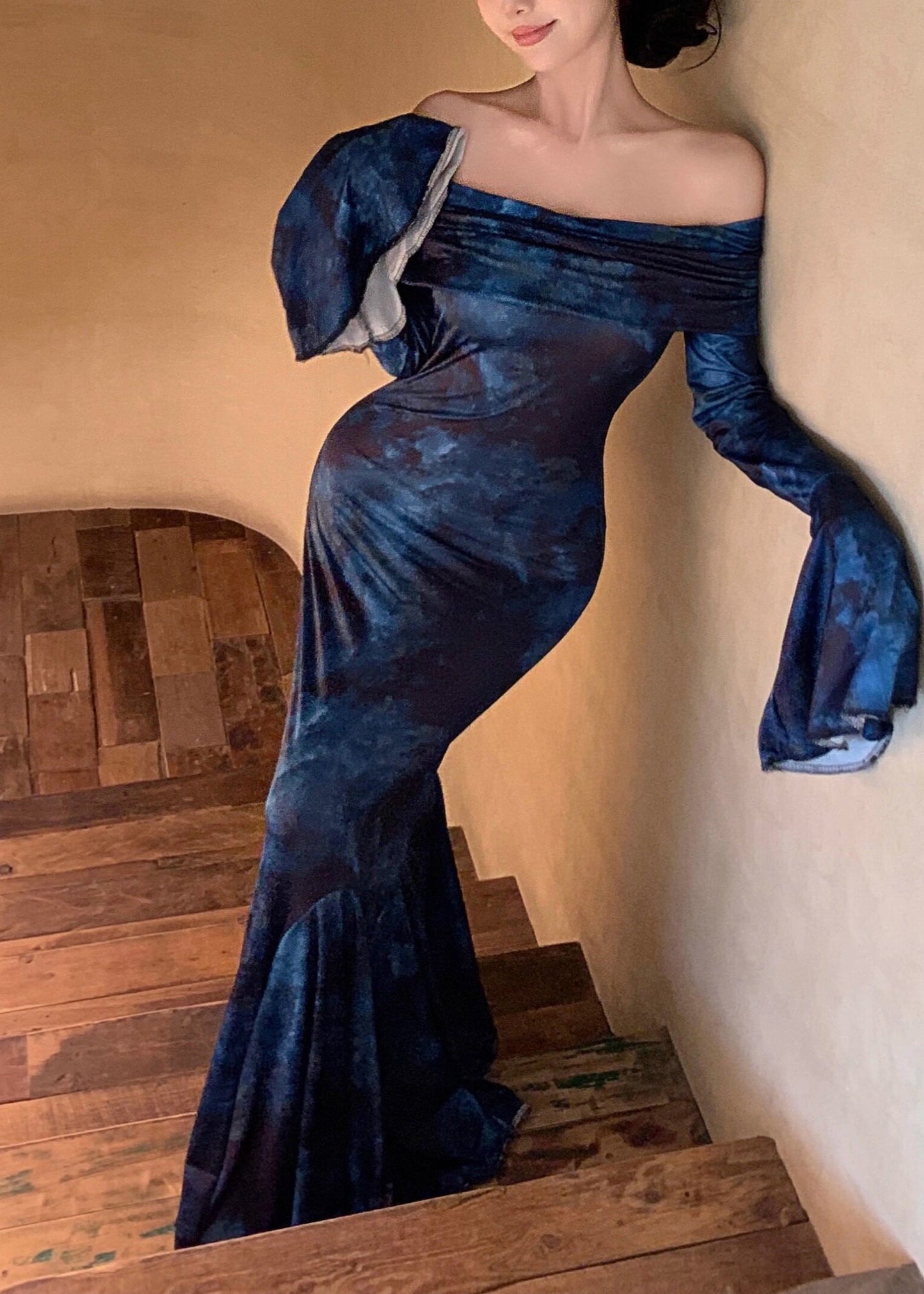 Style Navy Strapless Tie Dye Vestidos Dress Flare Sleeve