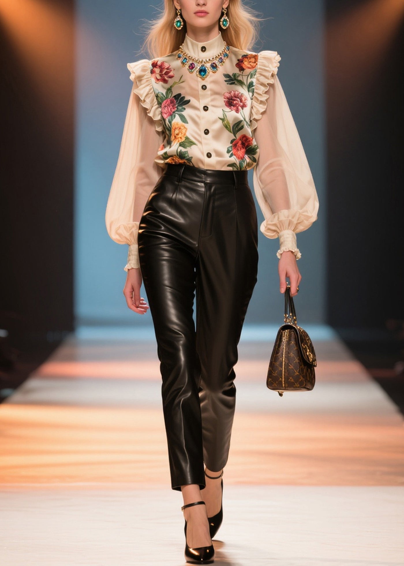 Style Nude Ruffled Patchwork Print Silk Blouses Summer