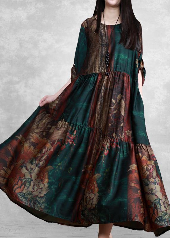 Luxy Green Print Silk Summer Dresses Loose Caftan - SooLinen