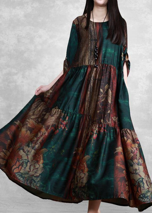 Luxy Green Print Silk Summer Dresses Loose Caftan - SooLinen