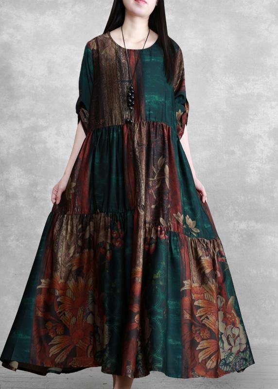 Luxy Green Print Silk Summer Dresses Loose Caftan - SooLinen