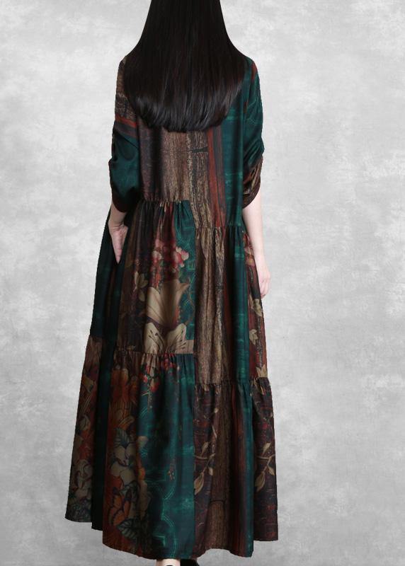 Luxy Green Print Silk Summer Dresses Loose Caftan - SooLinen