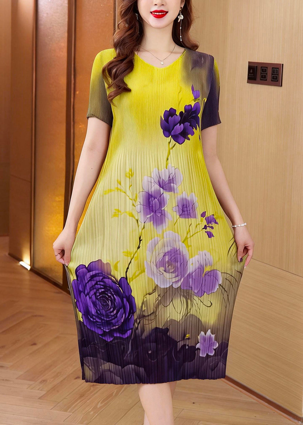 Style O Neck Print Wrinkled Elasticity Dress Summer