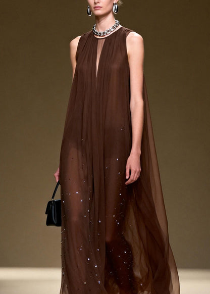 Style O Neck Wrinkled Zircon Chiffon Long Dresses Sleeveless