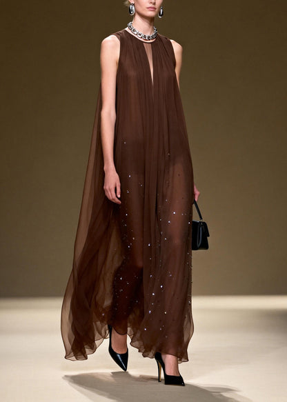 Style O Neck Wrinkled Zircon Chiffon Long Dresses Sleeveless