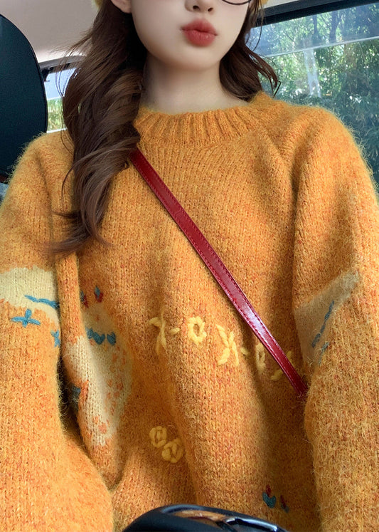 Style Orange O Neck Character Knit Sweater Tops Spring