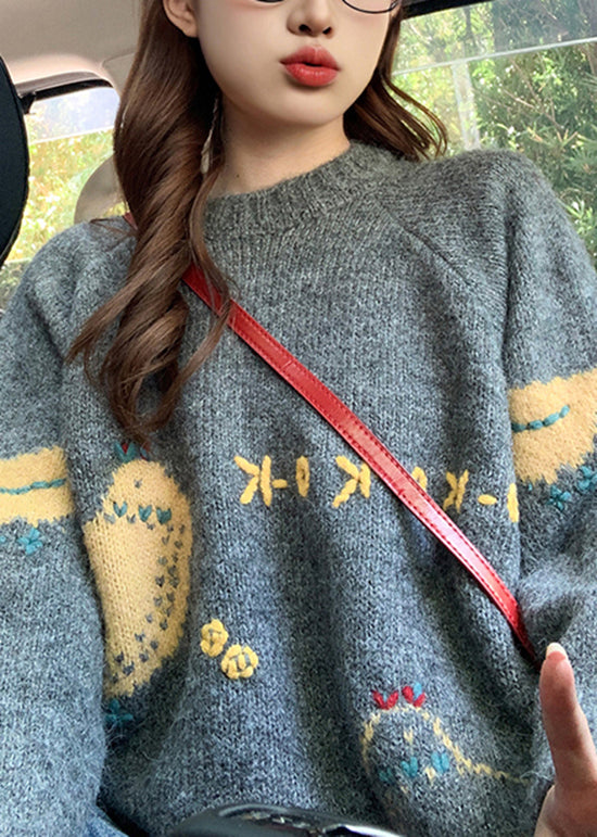 Style Orange O Neck Character Knit Sweater Tops Spring