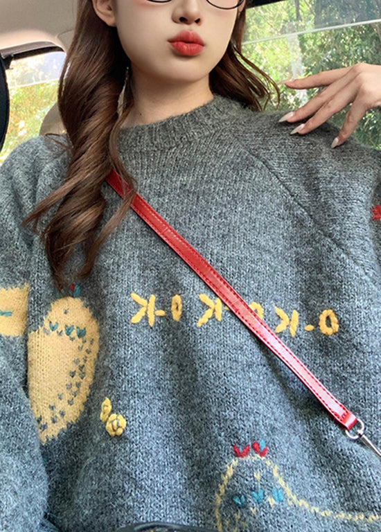 Style Orange O Neck Character Knit Sweater Tops Spring