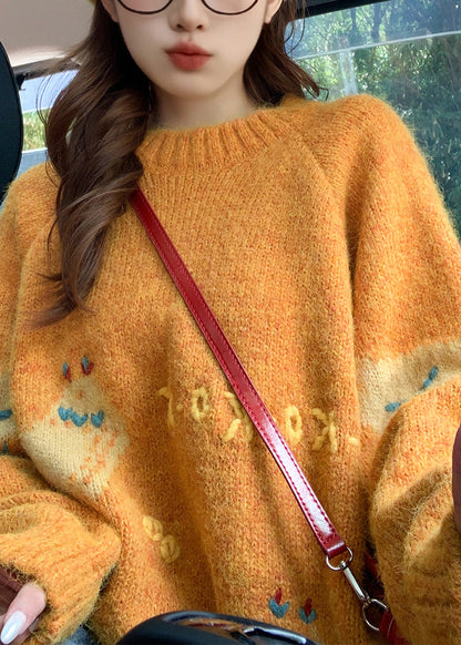 Style Orange O Neck Character Knit Sweater Tops Spring