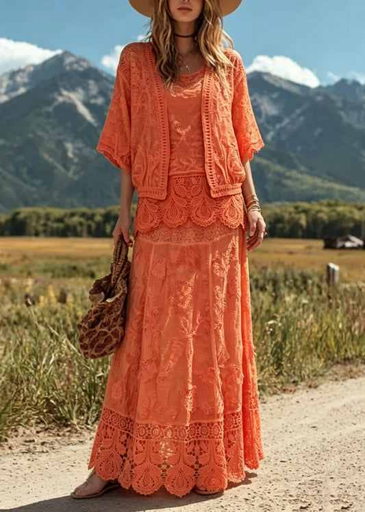 Style Orange O Neck Hollow Out Lace Patchwork Three Piece Suit Set Summer