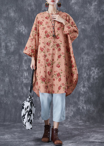 Style Orange Oversized Print Linen Maxi Dresses Summer