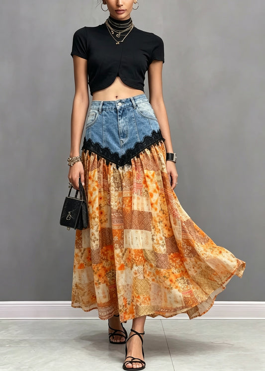 Style Orange Pockets Lace Denim Patchwork Cotton Skirt Summer