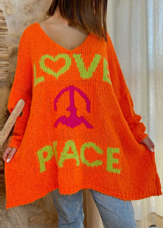 Style Orange Print Cozy Knit Sweaters Batwing Sleeve