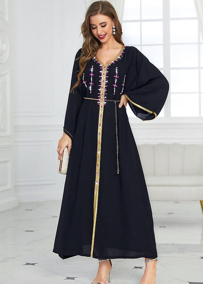 Style Orange V Neck Zircon Patchwork Tie Waist Chiffon Maxi Dress Fall