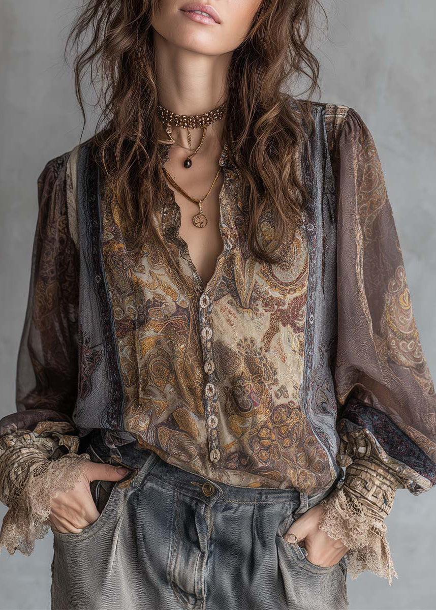Style Peter Pan Collar Print Lace Patchwork Cotton Shirts Top Fall
