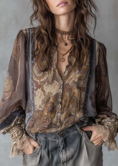 Style Peter Pan Collar Print Lace Patchwork Cotton Shirts Top Spring