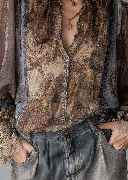 Style Peter Pan Collar Print Lace Patchwork Cotton Shirts Top Spring