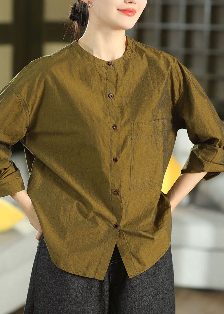 Style Pickled Vegetable Green Stand Collar Patchwork Button Solid Shirt Fall