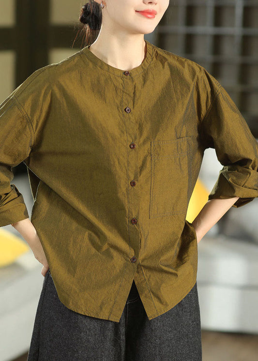 Style Pickled Vegetable Green Stand Collar Patchwork Button Solid Shirt Fall