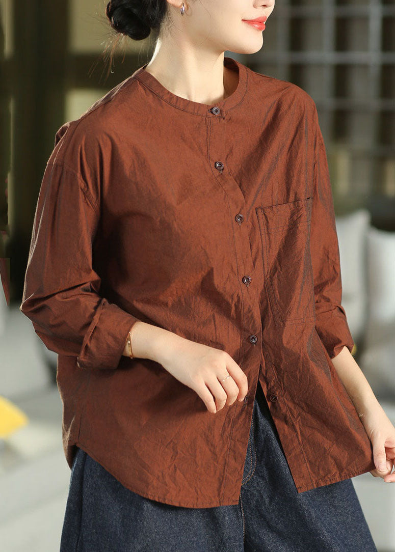 Style Pickled Vegetable Green Stand Collar Patchwork Button Solid Shirt Fall