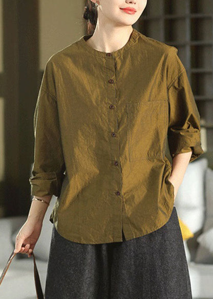 Style Pickled Vegetable Green Stand Collar Patchwork Button Solid Shirt Fall