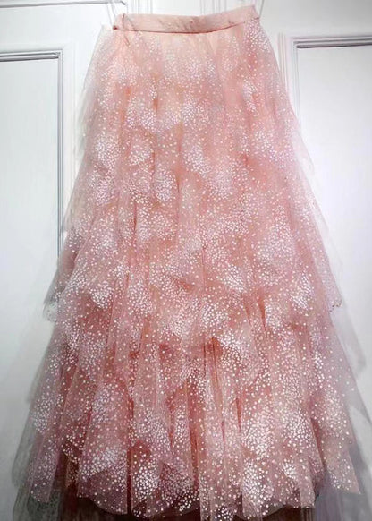 Style Pink Asymmetrical Wrinkled Elastic Waist Tulle Skirts Spring