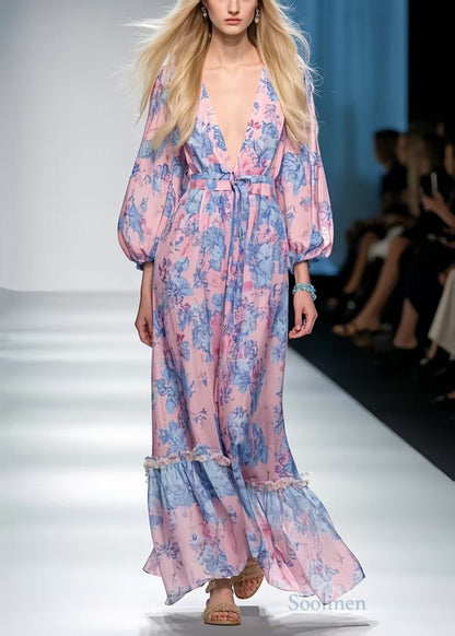 Style Pink Cinched Print Chiffon Vacation Dresses Spring