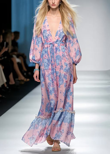 Style Pink Cinched Print Chiffon Vacation Dresses Spring