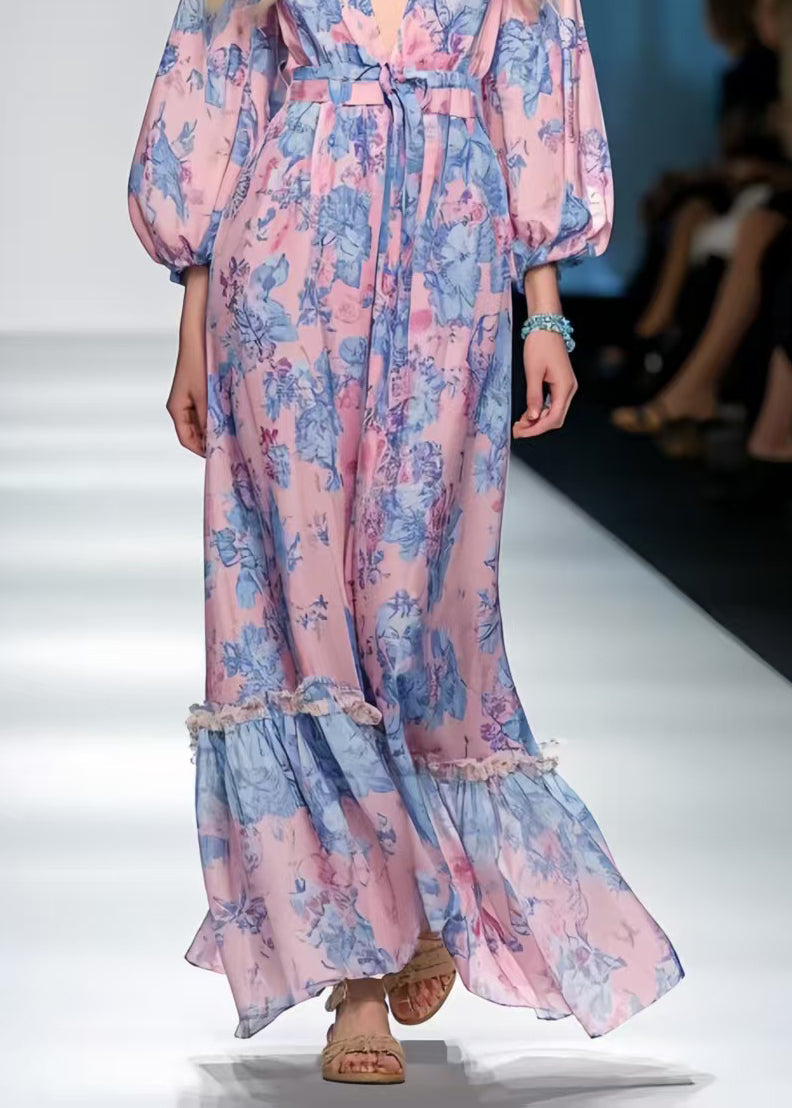 Style Pink Cinched Print Chiffon Vacation Dresses Spring