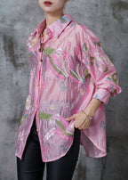 Style Pink Embroidered Linen Silk UPF 50+ Top Summer