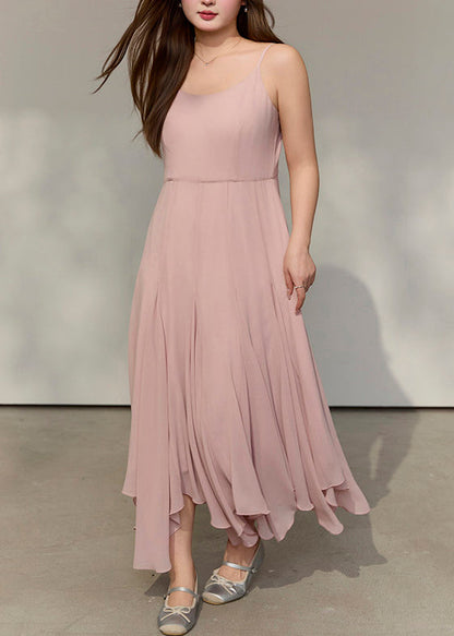 Style Pink Exra Large Hem Draping Chiffon Spaghetti Strap Dress Summer