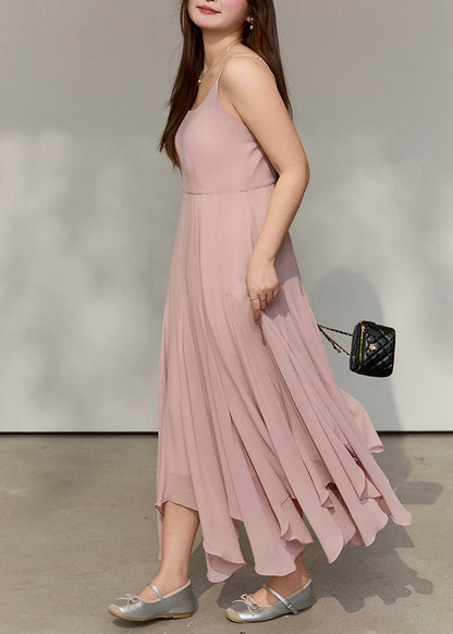 Style Pink Exra Large Hem Draping Chiffon Spaghetti Strap Dress Summer