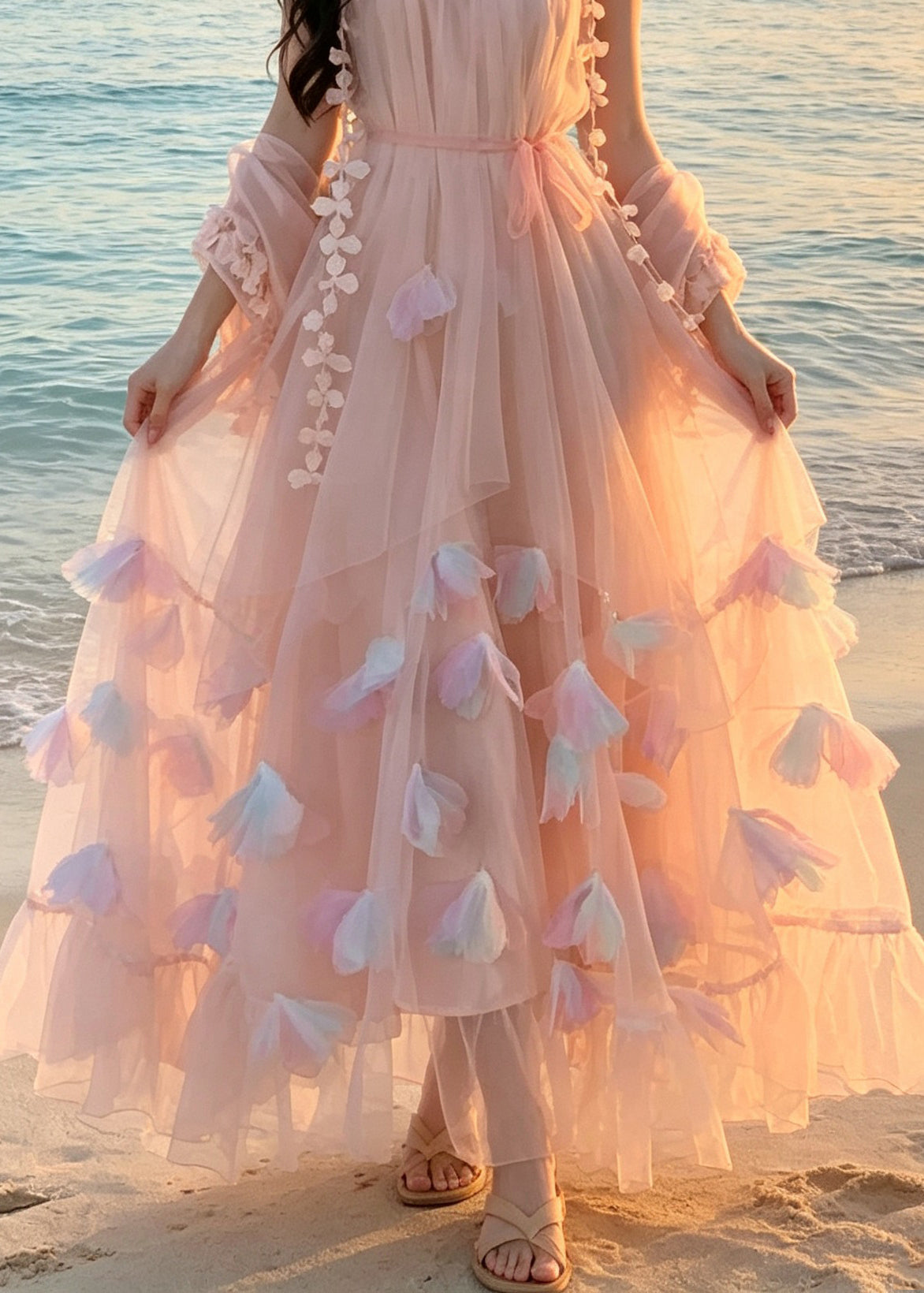 Style Pink Floral Tie Waist Tulle Long Spaghetti Strap Dress Summer