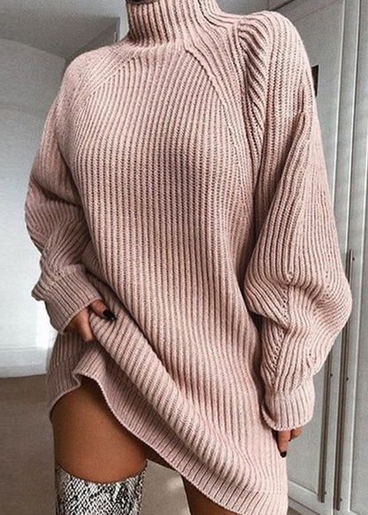 Style Pink Hign Neck Loose Knitwear Sweaters Dress Fall